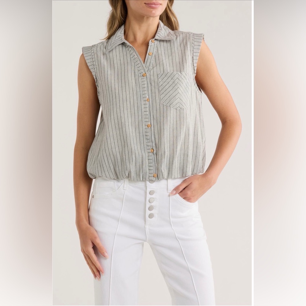Democracy Striped Button-Down Shirt- Light Meadow and Off White